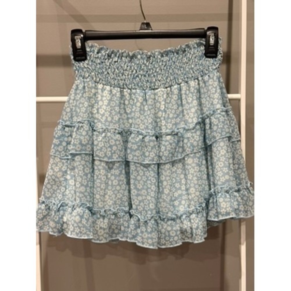 Altar'd State Blue Floral Tiered Ruffle Mini Skirt Smocked M Boho Cottagecore
